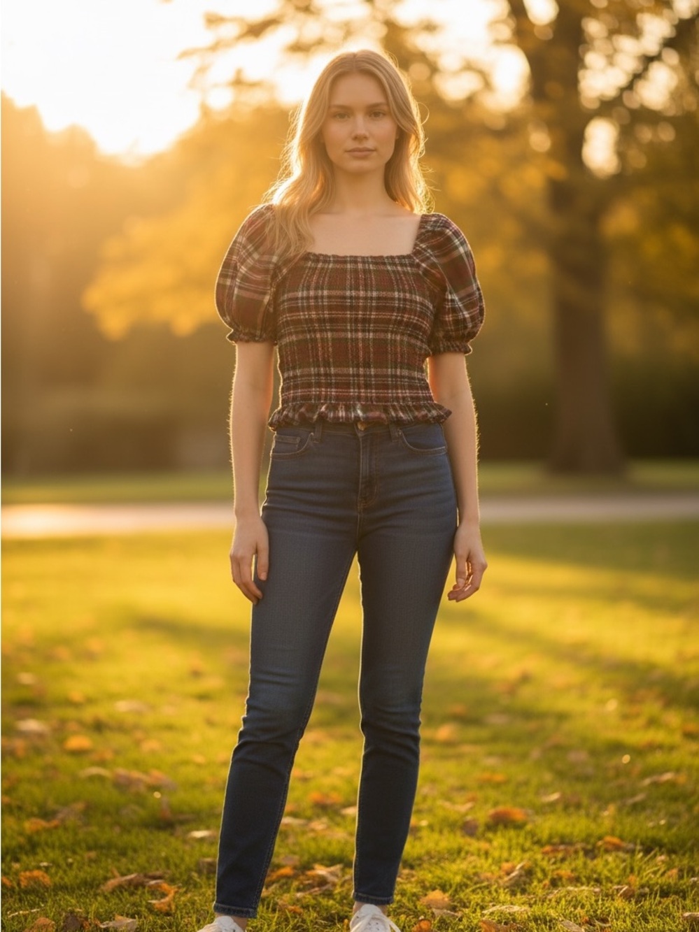 American Eagle Outfitters Plaid Puff-Sleeve Crop Top